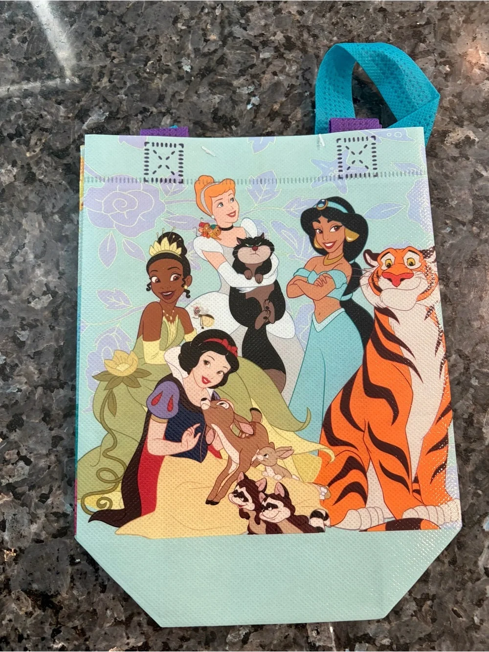 Disney Princess Tote Bag with Blue Handles featuring Rapunzel, Moana & Ariel